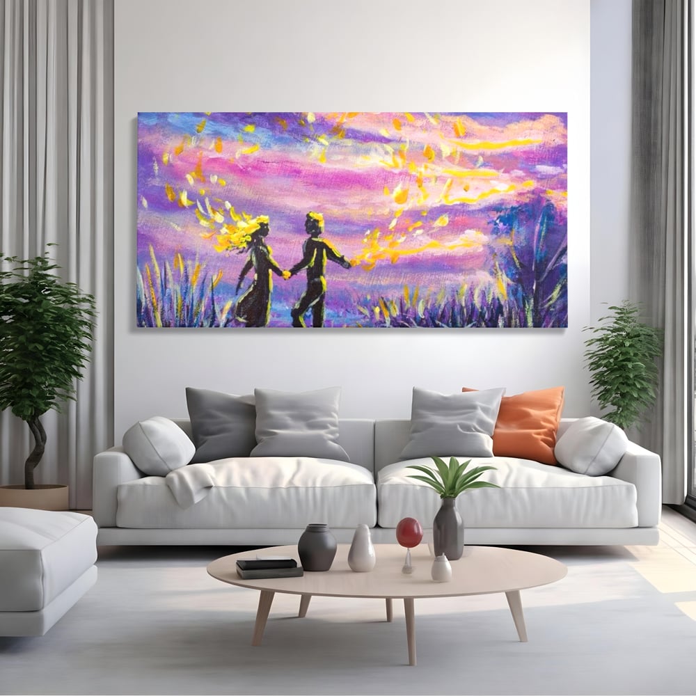 Tablou canvas cu tablou canvas cuplu sub cer lila, fara rama, pe sasiu de lemn, pe perete intr-un living